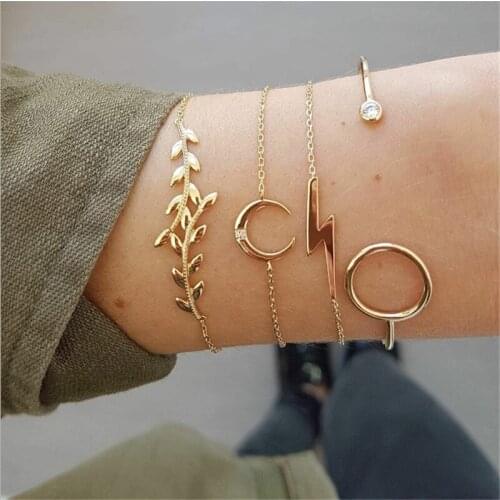 Free Shipping 4pcs/set Crystal Inlay Leaf Cuff Bangles For Women Geometric Circle Crystal Moon Charm Bracelet Bangle Jewelry