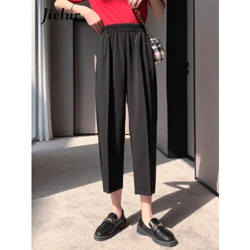 Jielur Eight-point Pants Women Casual Wide-leg Black White Blue Elastic Waist Pant Female Summer High-waist Trousers for Women