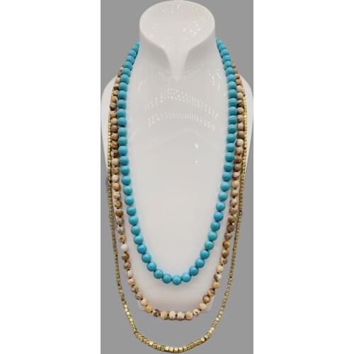 FoLisaUnique 3pcs 8mmJasper 10mm Turquoise Necklace For Women Antique Gold Plated Square Beads Long Strands Layers Stacking