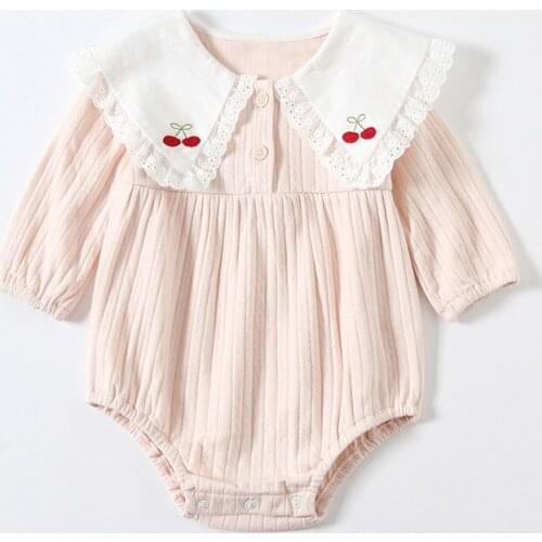 Newborn Baby Girls Bodysuits Autumn Berry Embroidery Peter Pan Collar Lace Baby Girls Clothing Jumpsuit 0-2Y