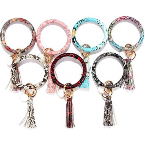 PU O Wristlet Leather Chain Cute Ring Key Keychain Circle Tassel Bangle
