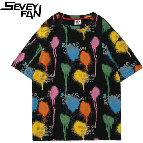 SEVEYFAN Fashion Painted Graffiti T-Shirts Men and Women Hip Hop T Shirts Short Sleeve Cotton Tees