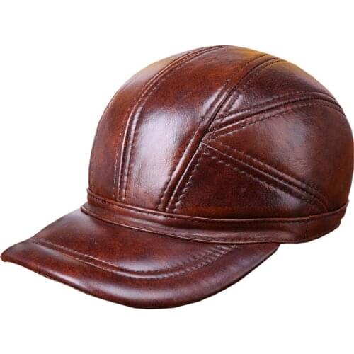 Winter Senior Dad Male Warm Baseball Cap Genuine Leather Earflap Thcik Visor Cap Russian Outdoor Men Cow Leather Warm Casquette