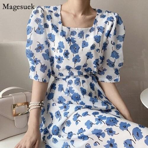 Korean Chic Vintage Printed Dress Women Square Collar Puff Sleeve Floral Dresses Female Party Long Dress Eleagnt Vestido 14533