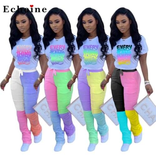 Casual Printed Letter Contrast Color Pleated Two Piece Set Street Stacked Long Pants Suit Short Sleeve T-Shirt Sports Tracksuit