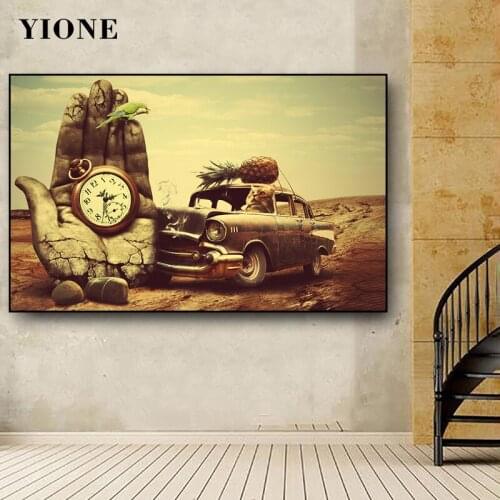 Retro Old-school Car with Cat Pocket Watch Hand Stone Art Poster Abstract Surrealism Wall Picture Print Canvas Painting Decor