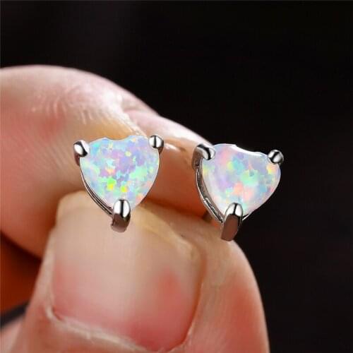 Luxury Female White Opal Stone Earrings Dainty Silver Color Wedding Earrings Classic Love Heart Small Stud Earrings For Wome