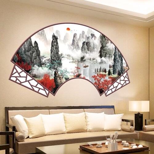 [SHIJUEHEZI] Chinese Style Mountains Wall Stickers DIY Fan-shaped Landscape Mural Decals for Living Room Bedroom Home Decoration