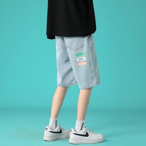 Light Blue Denim Shorts Spring Summer Mens Casual Printing Five-point Washed Jeans Sports Loose Semi-elastic Waist Pants 2021