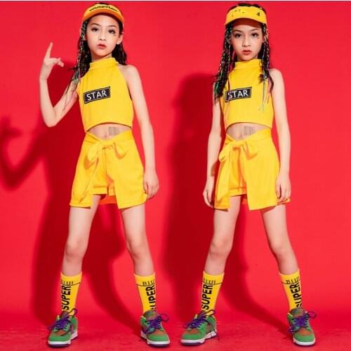 Girls Hip Hop Dance Clothes Drum Suit Short-Sleeved Hiphop Outfits ChildrenS Jazz Dance Costume Performance Stage Wear DQS7423
