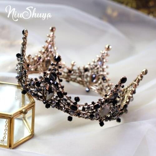 NiuShuya Baroque Black Handmade Beaded Crown Tiara Bridal Headbands Round Full Hairwear Princess Wedding Hair Jewelry