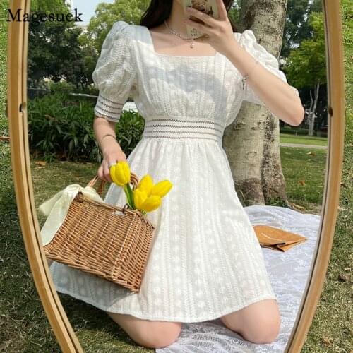 Vintage Sqaure Collar White Dress Women Summer 2021 Puff Short Sleeve Mini Short Dress Elegant A Line Party Dresses Robes 15022