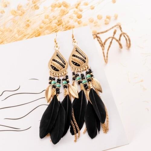 Vintage Black Feather Earrings For Women Indian Jewelry Bohemia Ethnic Tibetan Metal Long Chain Leaf Beads Dangle Dangle Earring