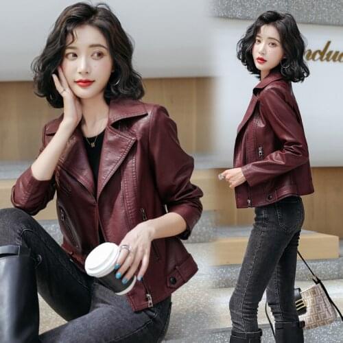 2021 New Women Spring Autumn Black Faux Leather Jackets Zipper Basic Coat Turn-down Collar Motor Biker Jacket