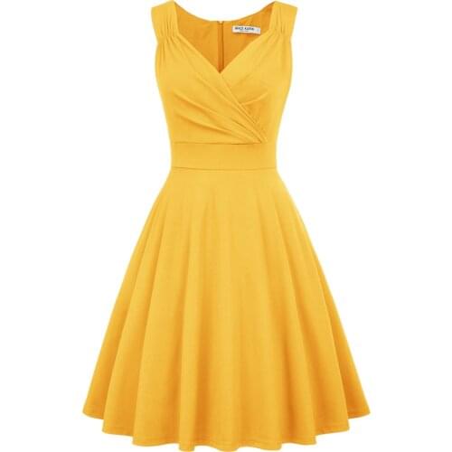 Women Dresses Summer Pure Color Sleeveless V-Neck Flared A-Line Dresses Swing Sexy Elegant Party Dress Knee Length Fashion Lady