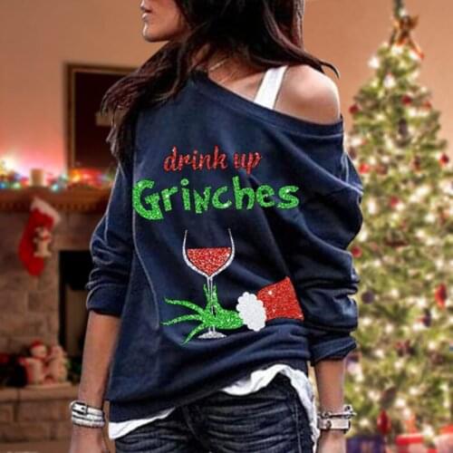 Hot Christmas Long Sleeve One-shouldered Sweatshirt Loose Fit Letter Printed Round Neck Women Sweatshirt Top DO2