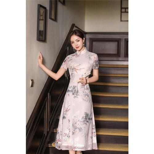 Shanghai Story Chinese Style Womens Birthday Party Collar Floral Long Cheongsam Dress Retro Gown Qipao 5 Color