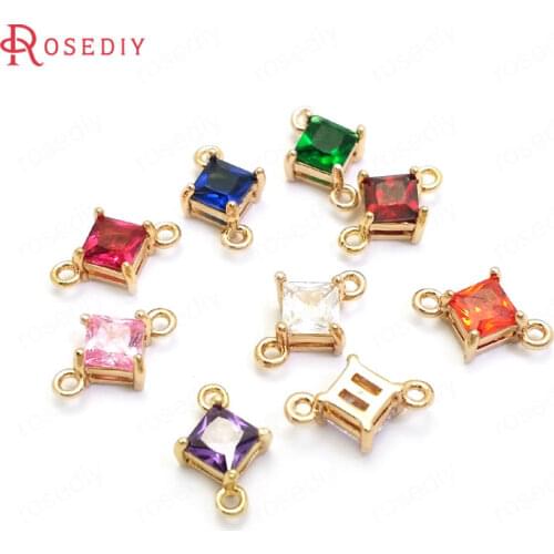 37097)10PCS 10x6.5MM 24K Champagne Gold Color Brass and Zircon 2 Holes Square Connect Charms Pendants Jewelry Making Supplies