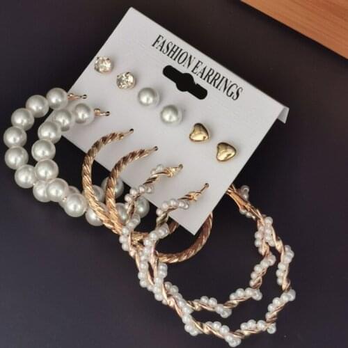 6pcs/set Korean Design Big Round Alloy Set Women Earrings Imitation Crystal Pearl Popular Brand Party Jewelry Brincos