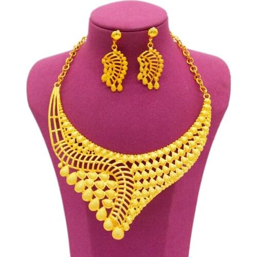 Dubai 24K Gold Color New Luxury Jewelry Set African/Ethiopian Bridal Wedding Ornament For Women Necklace Earring Set Party Gifts