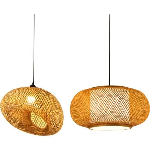 Bamboo Lantern Weaving LED Pendant Light, Hanging Chandelier Kitchen Vintage Rattan Ceiling Lamps for Bar Restaurant Decoration