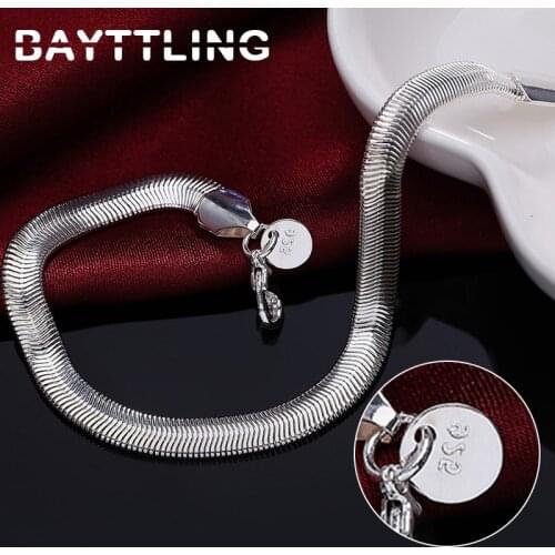 BAYTTLING New 8 Inch 925 Sterling Silver 6MM Soft Full Side Side Snake Chain Bracelet For Woman Man Fashion Party Jewelry Gift