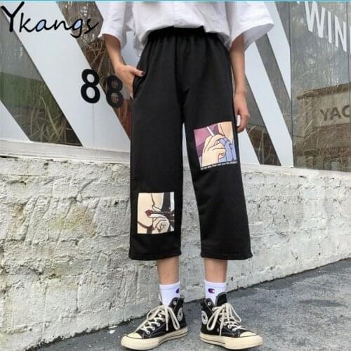 Womens Anime Print Wide Leg Baggy Cropped Trousers Women High Waist Joggers Pants Korean Fashion Harajuku Loose Cropped Trouser