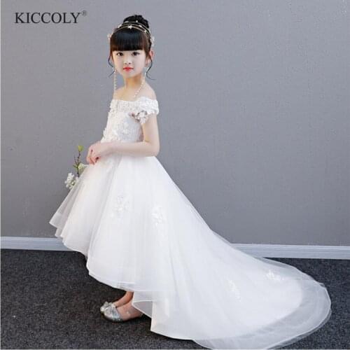 Elegant Beaded Appliques Flower Girl Dress Party Pageant Gown Long Trailing Tulle Princess Wedding Kids First Communion Dresses