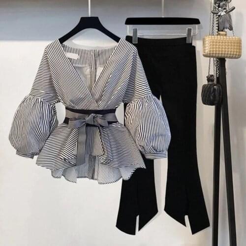 Elegant OL Work wear 2 Pieces set 2019 Spring New Puff Sleeve Bow Tie up Striped Blouse and Split Flares pant Suit S-3XL