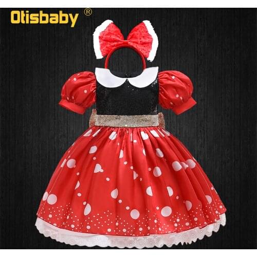 Red Polka Dot Tutu Dress for Girls Cute Baby Girl Mickey Minnie Dress Big Bow Headband Summer 1 Year Birthday Dress Baby Gowns