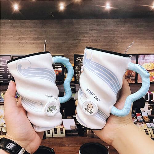 Thread Ceramic Mug Cup With Cover Large Capacity Ocean Art Fresh Creative Business Office Tea Coffee Water Bottle