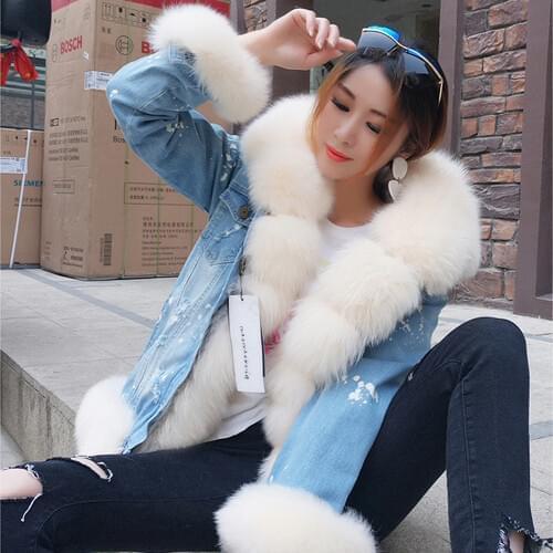 2020 new winter fox fur collar cotton jacket ultra short denim fur jacket ladies detachable plus velvet thick liner jacket