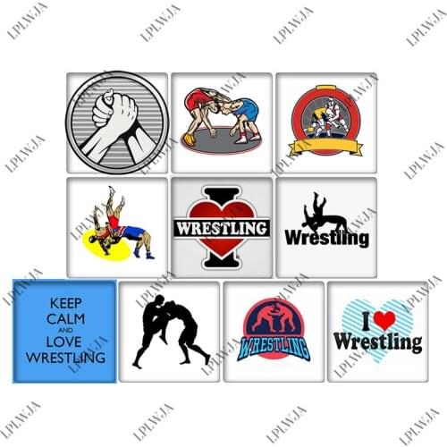 LPLWJA 10pcs Wrestling Wrestler Silhouettes Square Shape Glass Cabochon Mixed Photo Demo Flatback Base Tray DIY Jewelry Findings