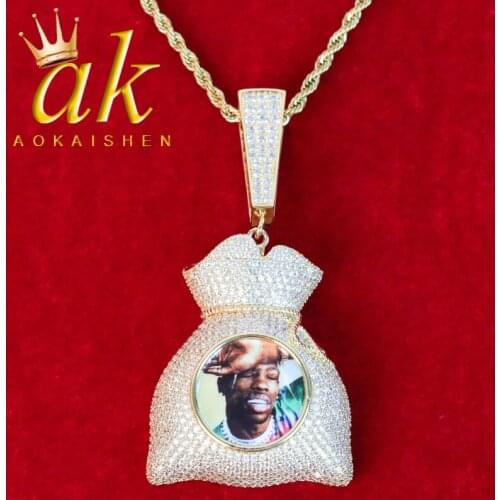 Custom Photo Medallion Money Bag Pendant Real Gold Plated Hip Hop Jewelry