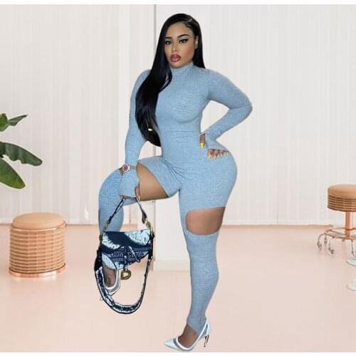 TNNAOFF New Popular Solid Rib Knitted Stretch Jumpsuit for Women Fall Fashion Long Sleeve One Piece Club Casual Fitness Rompers
