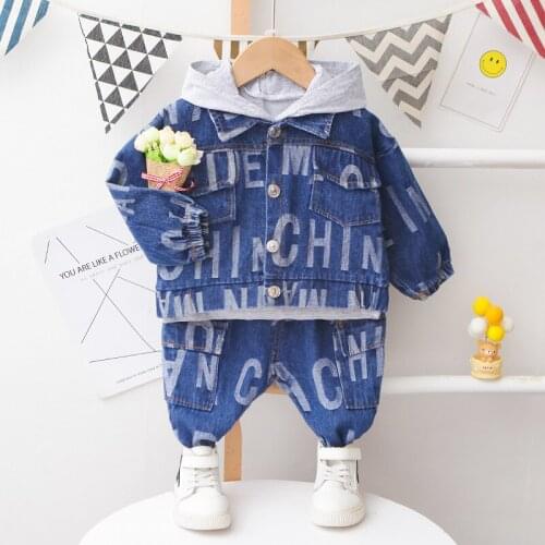 Boys clothing hooded childrens single-breasted jacket denim jacket baby suit 1-5 years old long-sleeved sweater three-piece ch
