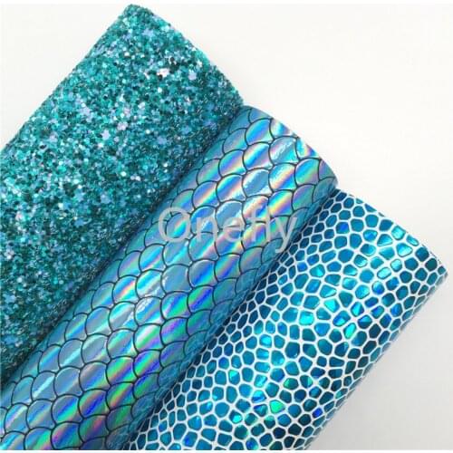 Onefly 21X29CM Blue Glitter Leather, Iridescent Synthetic Leather Fabric Sheets For Bow DIY handbags shoes AQ067