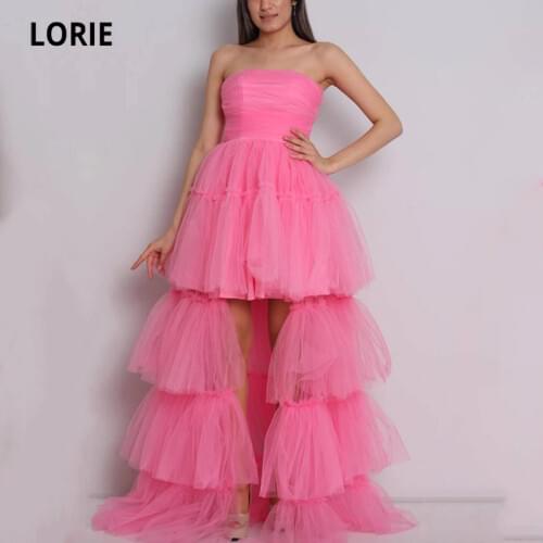 LORIE Princess Prom Dresses 2021 Strapless 3 Tiered Tulle High Low Evening Gown Custom Made Celebrity Party Dress for Graduation