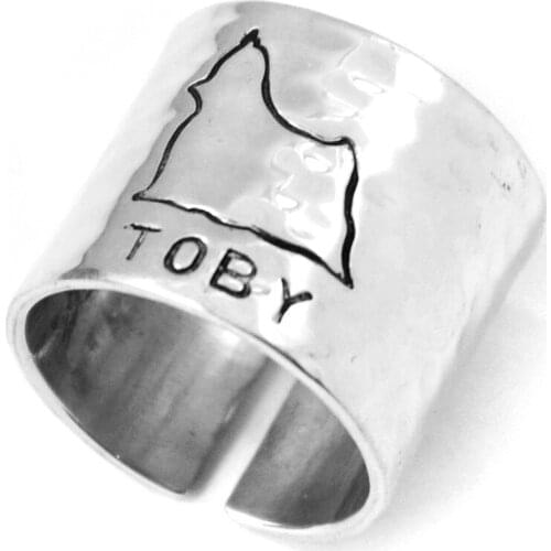 Custom Dog Adjustable Ring, Personalized Hammered Yorkshire Ring, Engraved Hand Stamped Cute Dog Wide Band Ring