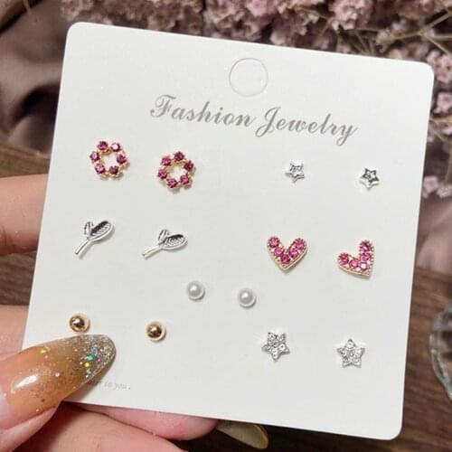 EN 7 pairs/Set Heart Star Mini Earrings Set Pearl Geometric Stud Earrings For Women Female Fashion Jewelry Girls Gifts Brincos