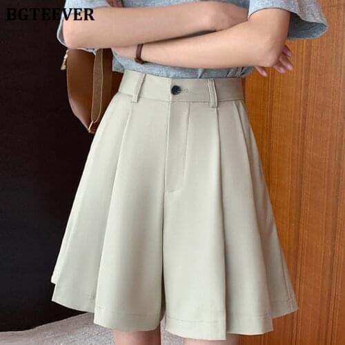 BGTEEVER Stylish Chic Split Women Wide Leg Shorts 2021 Summer High Waist Loose Female Solid Suits Shorts Casual Ladies Shorts