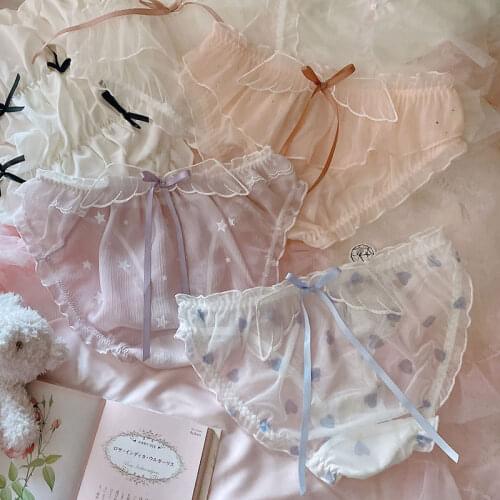 Japanese Soft Girl Lolita Girl Chiffon Mesh Star Lace Angel Wings Ribbon Sexy Transparent Underwear