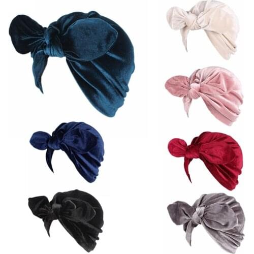 Womens Rabbit Ear Style Velvet Turban Hat Bowknot Cap Beanie Wrap