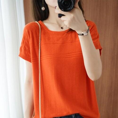 Summer Womans T-Shirt Thin Casual Thin O-Neck Short Sleeve 100% Cotton Knitted Female Pullovers Chic Clothes Jumpers Tops Tees