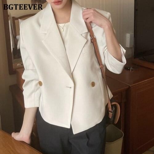 BGTEEVER Vintage Notched Collar Double Breasted Women Suit Jackets Full Sleeve Loose Short Female Blazer Ladies Solid Outwear