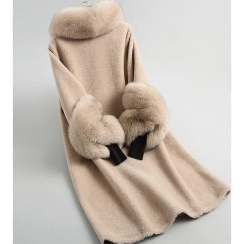Women Coat Real Winter Fox Fur Collar Sheep Shearling Wool Jacket Warm Overcoat Abrigo Mujer KQN22004 YY508