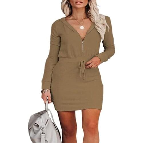 Women Robe Femme Spring Autumn Solid Color Pencil Dresses Drawstring Zipper Long Sleeve Slim Hips Mini Dress For Woman Vestido