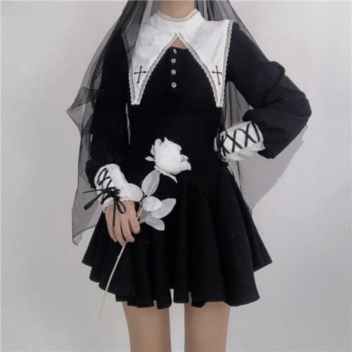 Gothic Cross Harajuku Black Long Sleeve Dress Sexy Sweet hot Dress Punk Grunge Preppy Style Fashion Temperament Mini Dress maxi