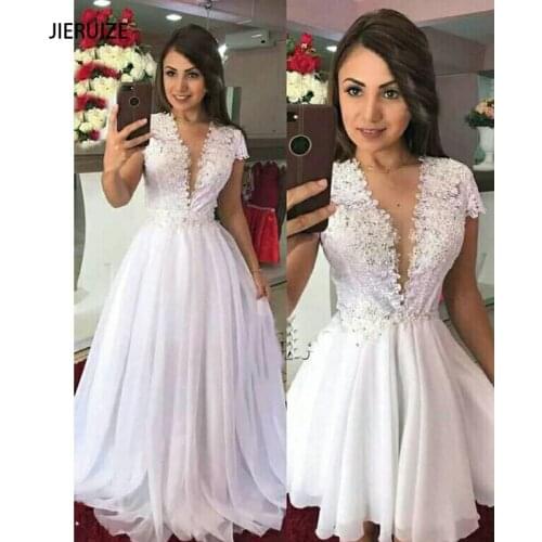 JIERUIZE White Lace Detachable Skirt Wedding Dresses Deep V-NECK Short Sleeves 2 In 1 Bridal Gowns Vestidos De Noiva