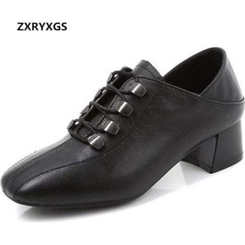 ZXRYXGS Best Classic Square Head Top Cowhide Leather Shoes Women High Heel Shoes Deep Mouth British Style Large Size Women Shoes